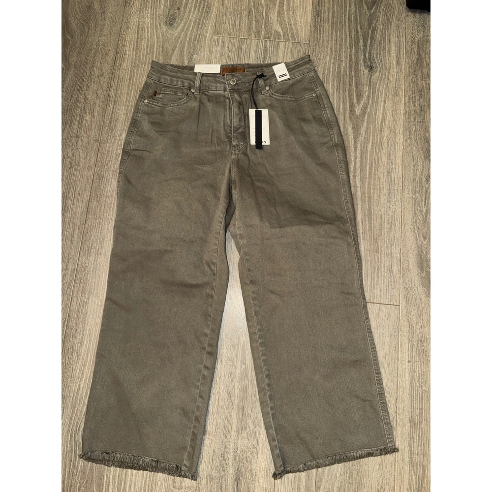 Judy Blue High Waist Wide Leg Garment Dyed Frayed Hem Jeans Olive Gray 14W NEW
